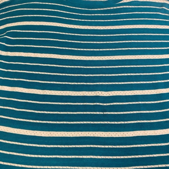 Talbots Teal White Striped Linen Blend 3/4 Length Sweater Shirt Medium Petite - Picture 4 of 16